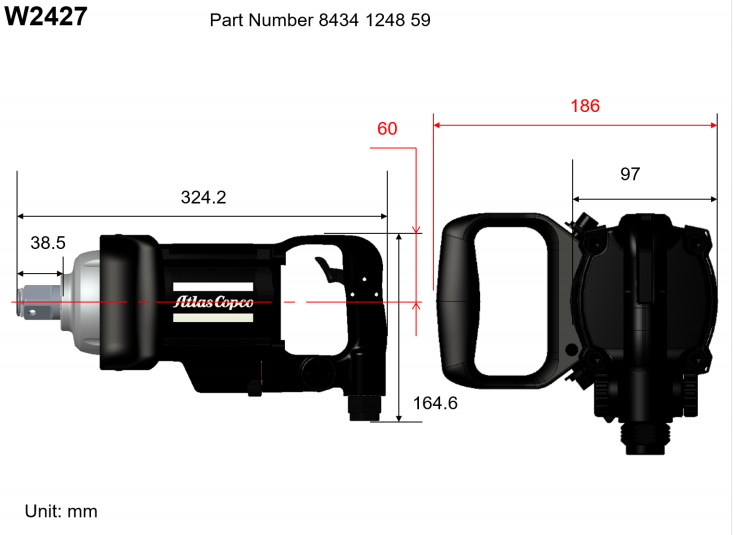 阿特拉斯 W2427气动扳手尺寸图 阿特拉斯 W2427气动扳手尺寸图